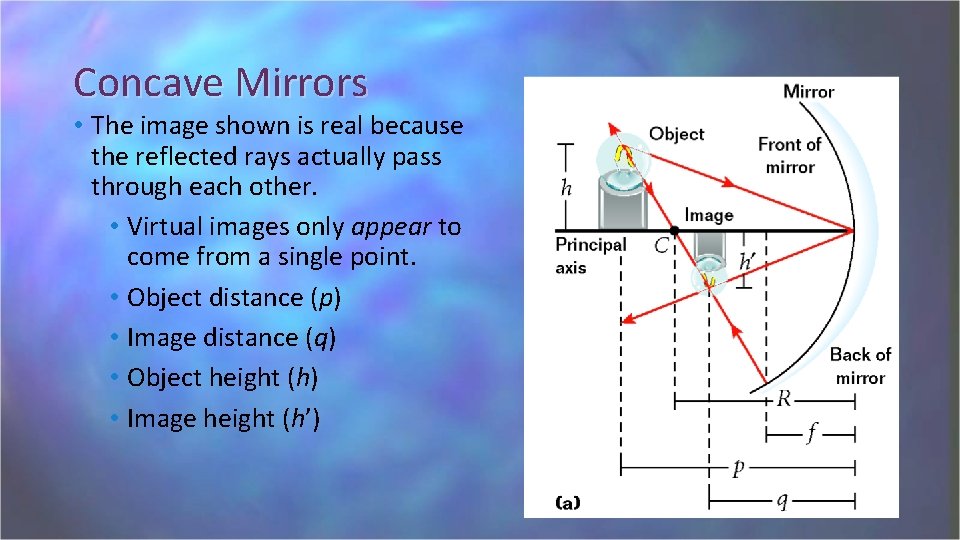 Concave Mirrors • The image shown is real because the reflected rays actually pass