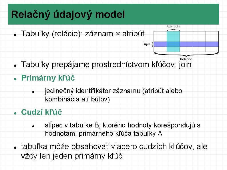 Relačný údajový model Tabuľky (relácie): záznam × atribút Tabuľky prepájame prostredníctvom kľúčov: join Primárny