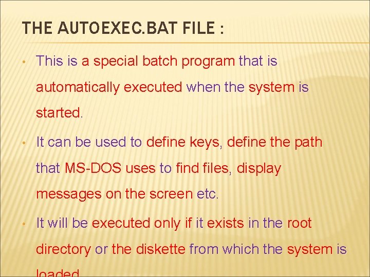 THE AUTOEXEC. BAT FILE : • This is a special batch program that is