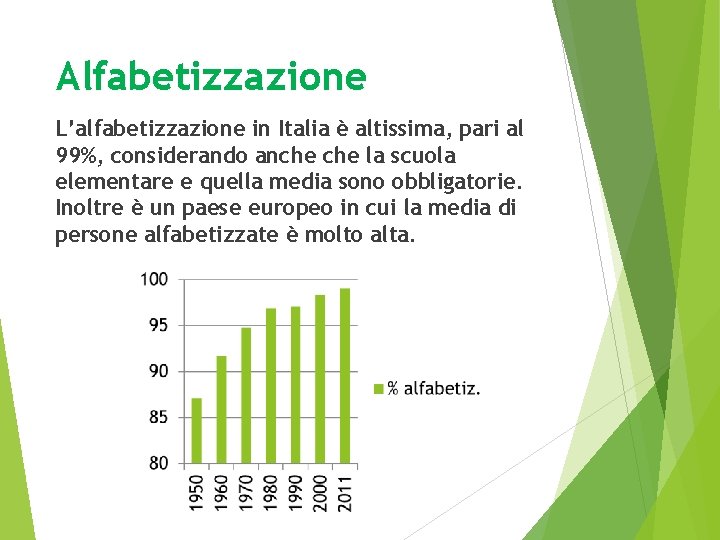 Alfabetizzazione L’alfabetizzazione in Italia è altissima, pari al 99%, considerando anche la scuola elementare