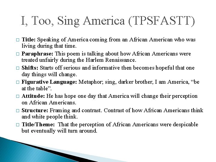 I, Too, Sing America (TPSFASTT) � � � � Title: Speaking of America coming