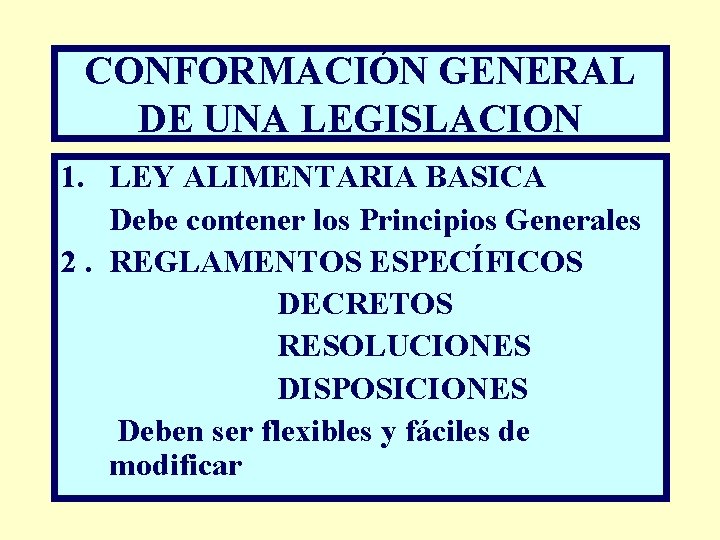 CONFORMACIÓN GENERAL DE UNA LEGISLACION 1. LEY ALIMENTARIA BASICA Debe contener los Principios Generales