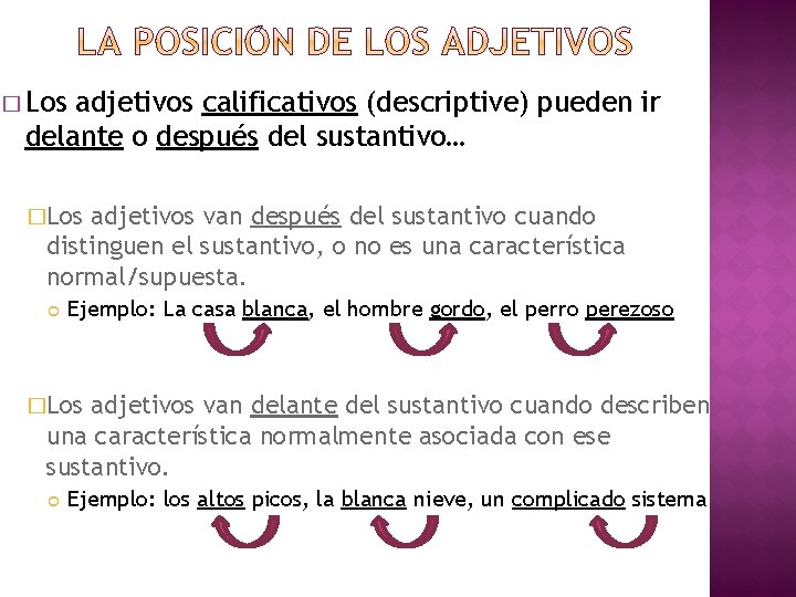 � Los adjetivos calificativos (descriptive) pueden ir delante o después del sustantivo… �Los adjetivos