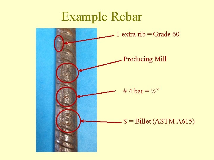 Example Rebar 1 extra rib = Grade 60 Producing Mill # 4 bar =