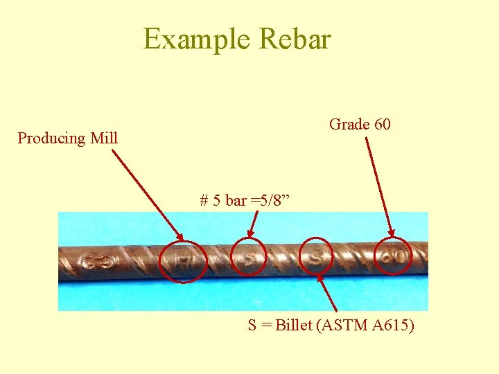 Example Rebar Grade 60 Producing Mill # 5 bar =5/8” S = Billet (ASTM