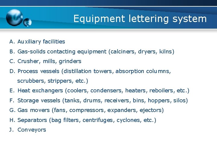 Equipment lettering system A. Auxiliary facilities B. Gas-solids contacting equipment (calciners, dryers, kilns) C.