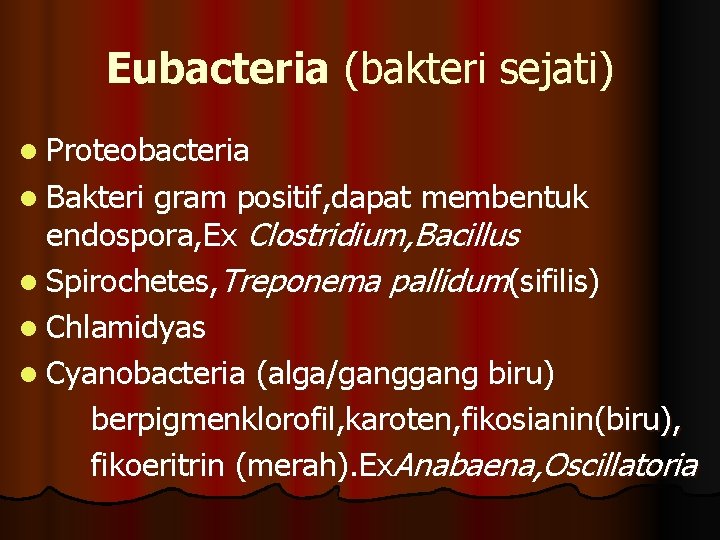 Eubacteria (bakteri sejati) l Proteobacteria l Bakteri gram positif, dapat membentuk endospora, Ex Clostridium,