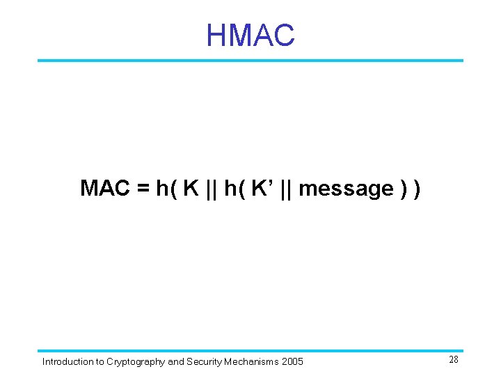 HMAC = h( K || h( K’ || message ) ) Introduction to Cryptography