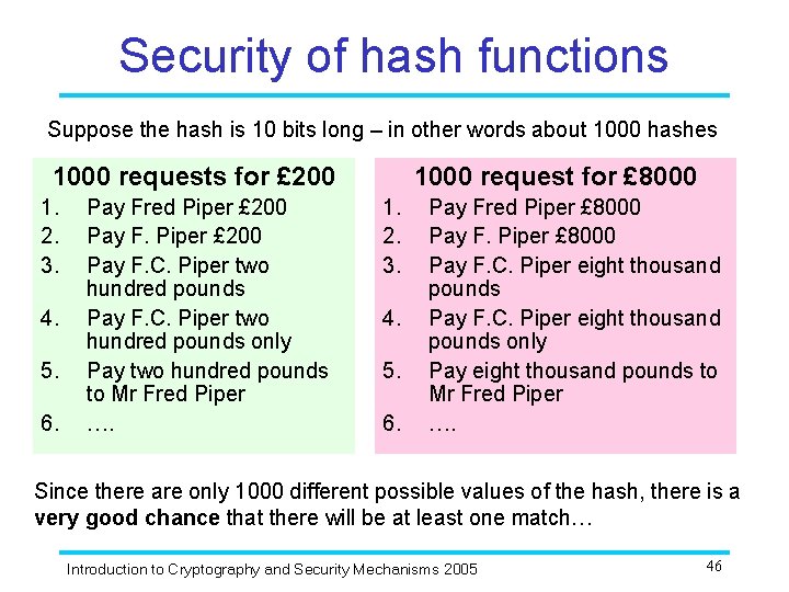 Security of hash functions Suppose the hash is 10 bits long – in other