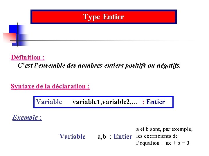 Type Entier Définition : C’est l’ensemble des nombres entiers positifs ou négatifs. Syntaxe de