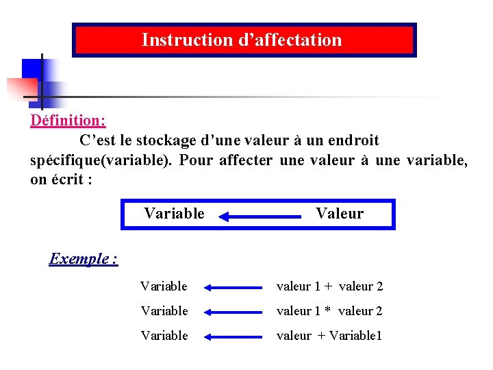 Instruction d’affectation Définition: C’est le stockage d’une valeur à un endroit spécifique(variable). Pour affecter