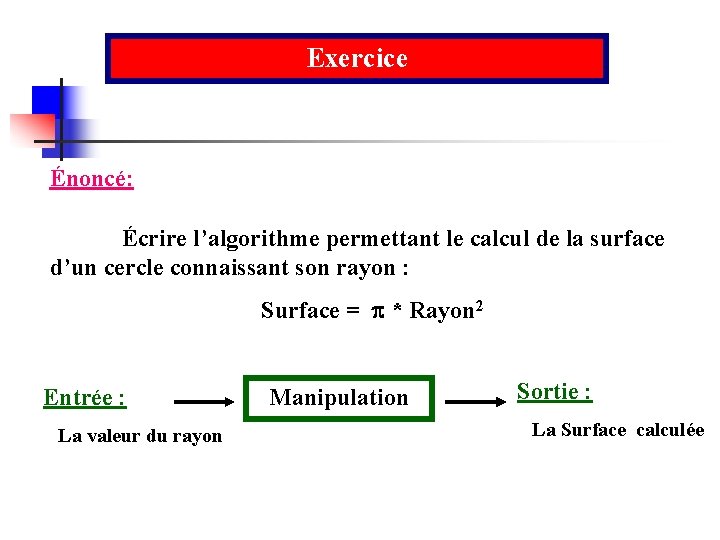 Exercice Énoncé: Écrire l’algorithme permettant le calcul de la surface d’un cercle connaissant son