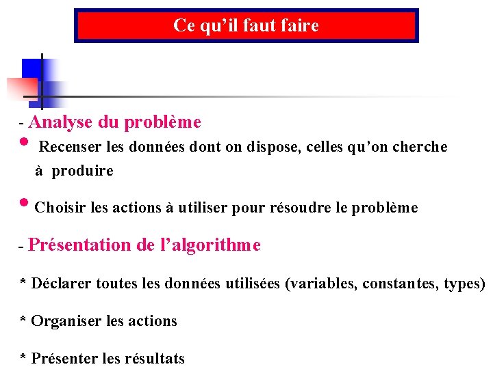 Ce qu’il faut faire - Analyse du problème Recenser les données dont on dispose,