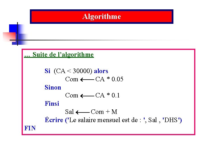 Algorithme … Suite de l’algorithme Si (CA < 30000) alors Com CA * 0.