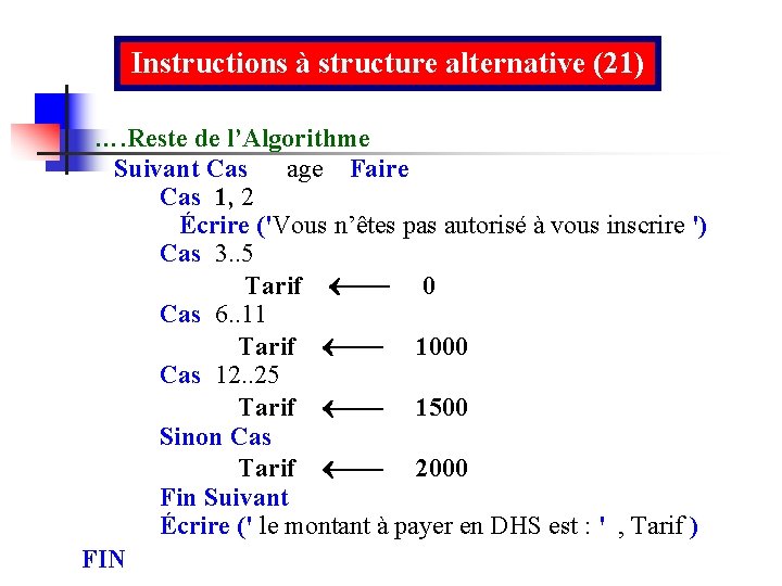 Instructions à structure alternative (21) …. Reste de l’Algorithme Suivant Cas age Faire Cas