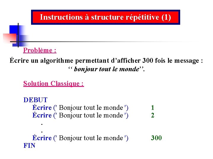 Instructions à structure répétitive (1) Problème : Écrire un algorithme permettant d’afficher 300 fois