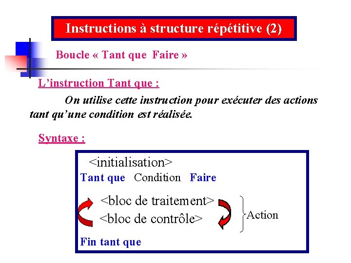 Instructions à structure répétitive (2) Boucle « Tant que Faire » L’instruction Tant que