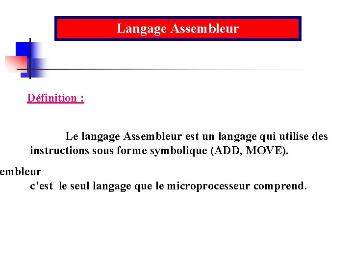 Langage Assembleur Définition : Le langage Assembleur est un langage qui utilise des instructions