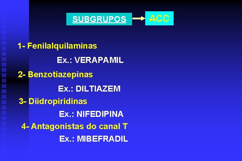 SUBGRUPOS 1 - Fenilalquilaminas Ex. : VERAPAMIL 2 - Benzotiazepinas Ex. : DILTIAZEM 3