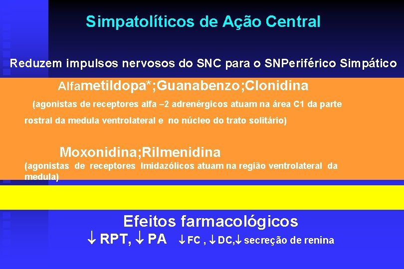 Simpatolíticos de Ação Central Reduzem impulsos nervosos do SNC para o SNPeriférico Simpático Alfametildopa*;