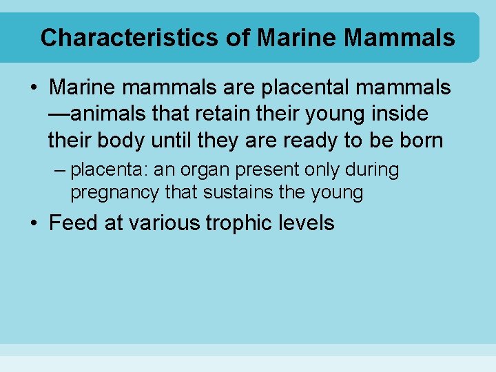 Characteristics of Marine Mammals • Marine mammals are placental mammals —animals that retain their