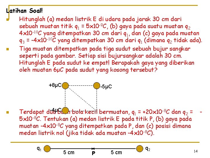 Latihan Soal! n Hitunglah (a) medan listrik E di udara pada jarak 30 cm