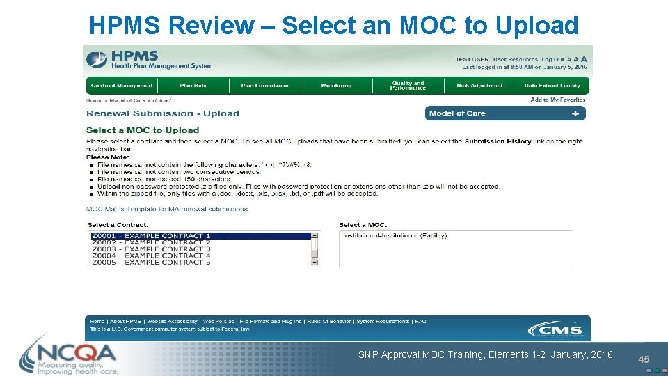 HPMS Review – Select an MOC to Upload SNP Approval MOC Training, Elements 1