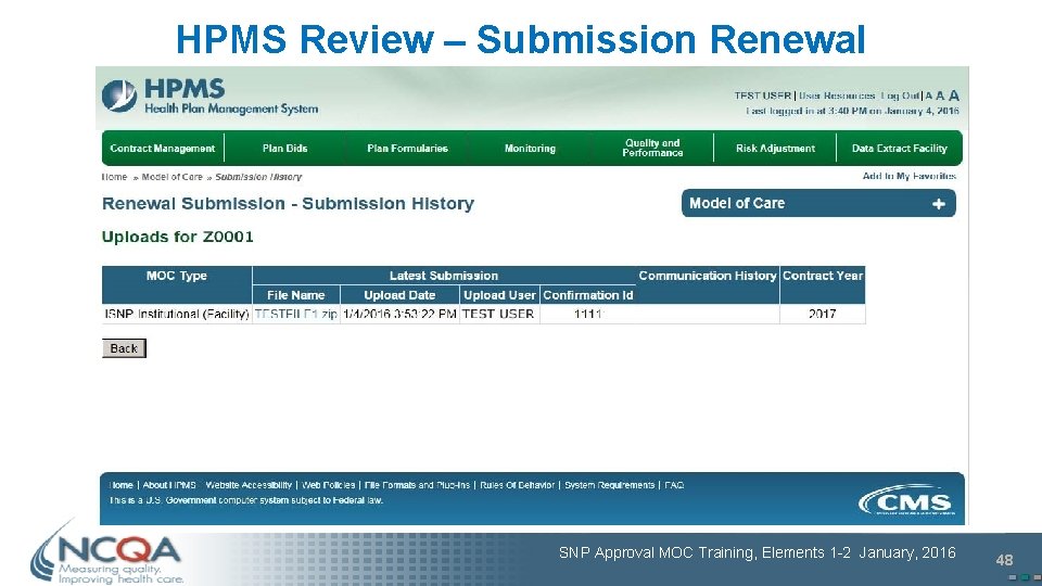 HPMS Review – Submission Renewal SNP Approval MOC Training, Elements 1 -2 January, 2016