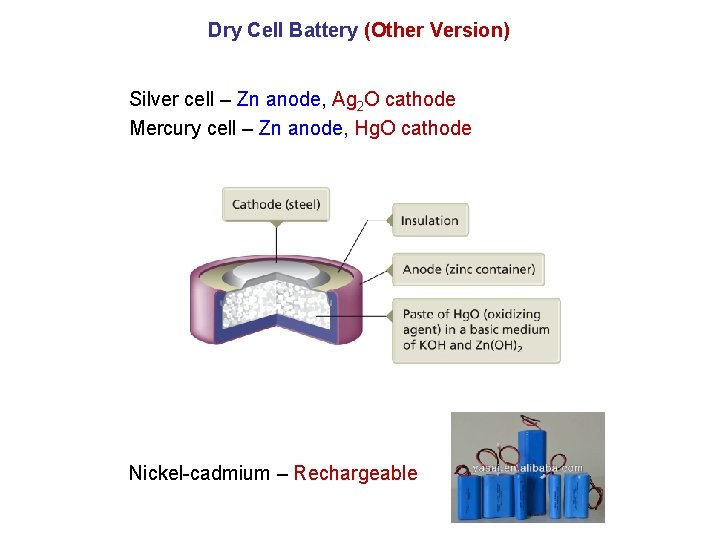 Dry Cell Battery (Other Version) Silver cell – Zn anode, Ag 2 O cathode