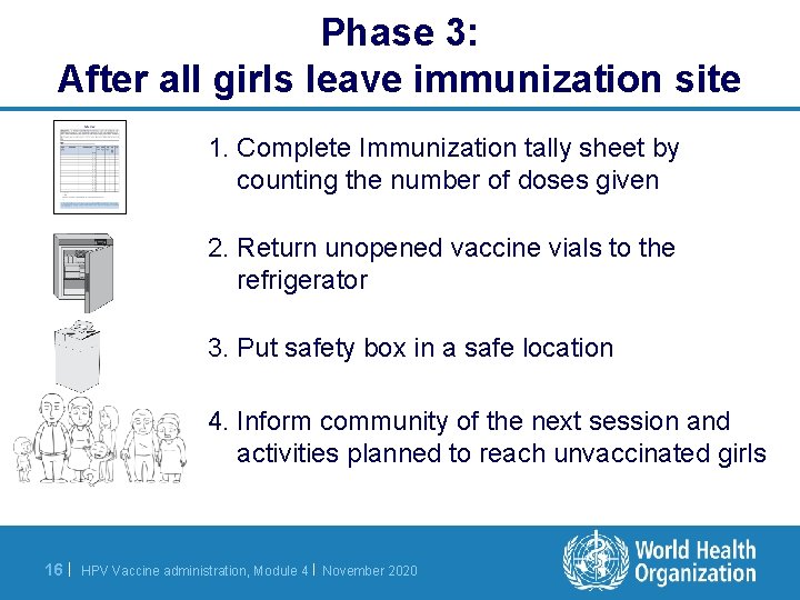 Phase 3: After all girls leave immunization site 1. Complete Immunization tally sheet by