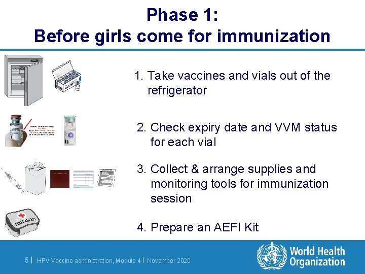 Phase 1: Before girls come for immunization 1. Take vaccines and vials out of