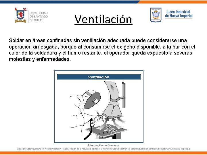 Ventilación Soldar en áreas confinadas sin ventilación adecuada puede considerarse una operación arriesgada, porque Ventilación Soldar en áreas confinadas sin ventilación adecuada puede considerarse una operación arriesgada, porque