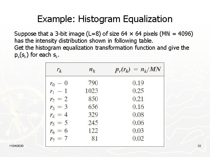 Example: Histogram Equalization Suppose that a 3 -bit image (L=8) of size 64 ×