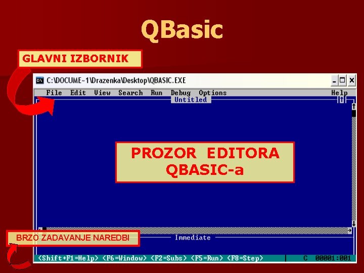 QBasic GLAVNI IZBORNIK PROZOR EDITORA QBASIC-a BRZO ZADAVANJE NAREDBI 