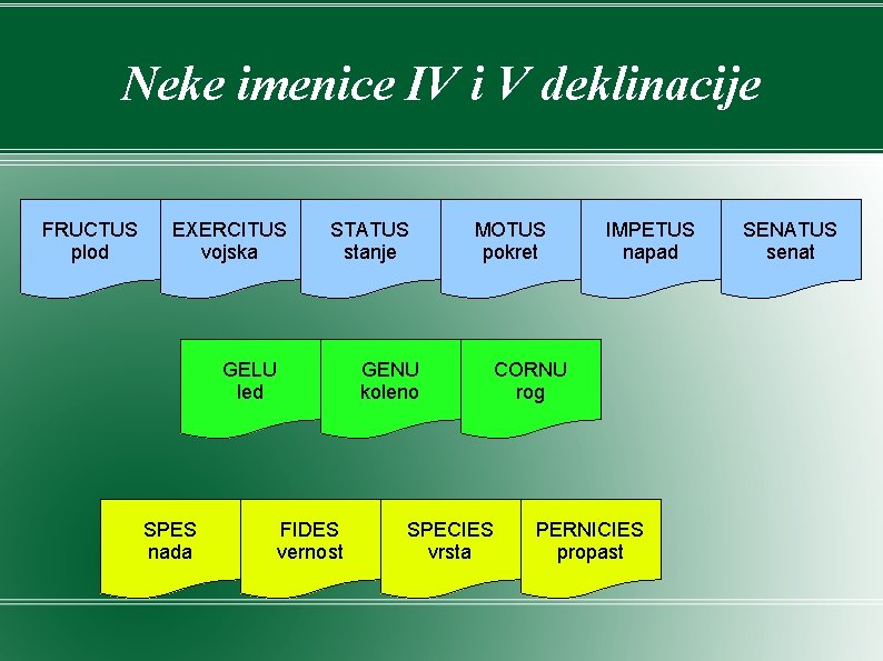 Neke imenice IV i V deklinacije FRUCTUS plod EXERCITUS vojska STATUS stanje GELU led Neke imenice IV i V deklinacije FRUCTUS plod EXERCITUS vojska STATUS stanje GELU led