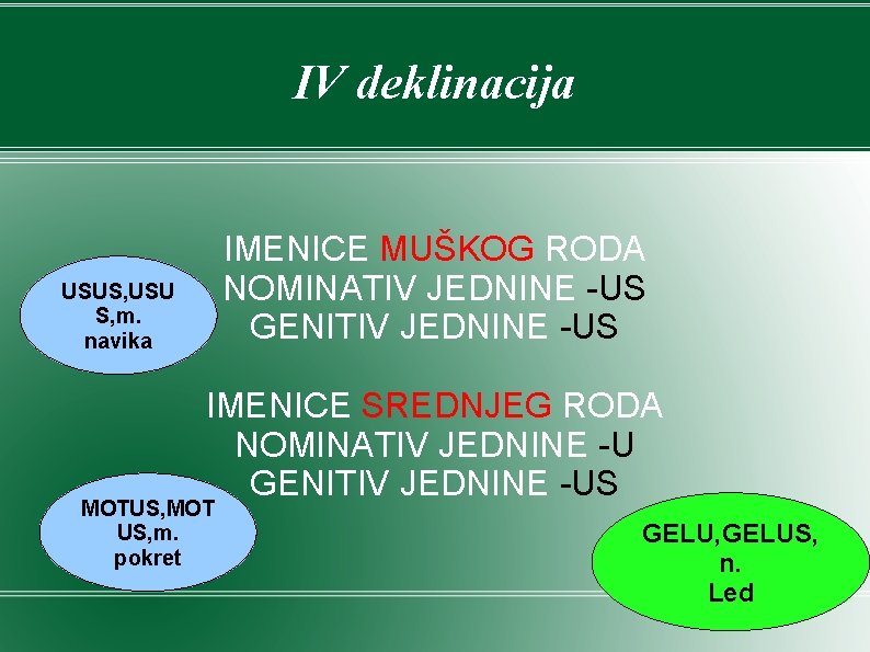 IV deklinacija IMENICE MUŠKOG RODA NOMINATIV JEDNINE -US GENITIV JEDNINE -US USUS, USU S, IV deklinacija IMENICE MUŠKOG RODA NOMINATIV JEDNINE -US GENITIV JEDNINE -US USUS, USU S,
