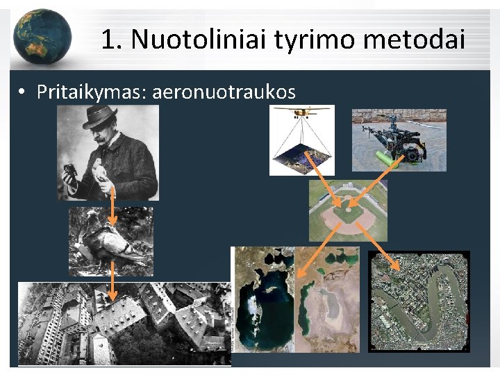 1. Nuotoliniai tyrimo metodai • Pritaikymas: aeronuotraukos 