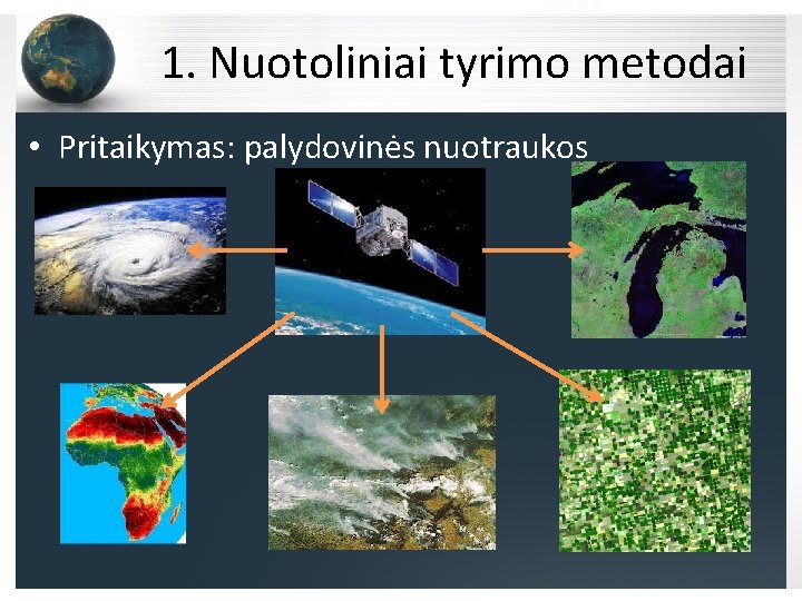 1. Nuotoliniai tyrimo metodai • Pritaikymas: palydovinės nuotraukos 