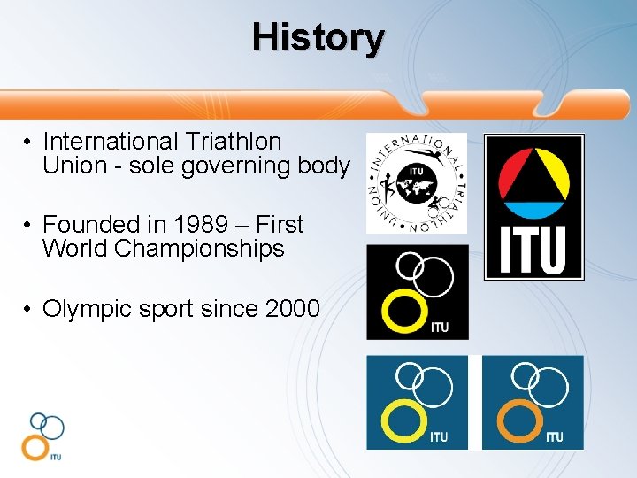 History • International Triathlon Union - sole governing body • Founded in 1989 –