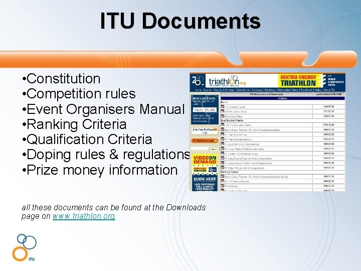 ITU Documents • Constitution • Competition rules • Event Organisers Manual • Ranking Criteria ITU Documents • Constitution • Competition rules • Event Organisers Manual • Ranking Criteria
