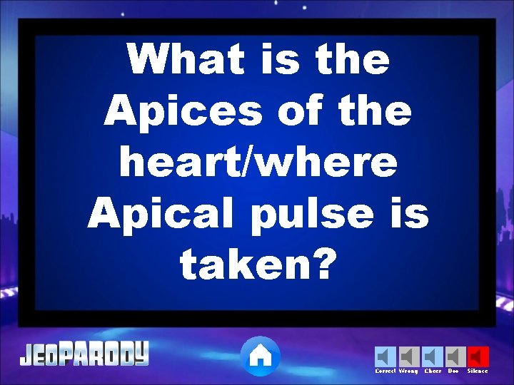 What is the Apices of the heart/where Apical pulse is taken? Correct Wrong Cheer