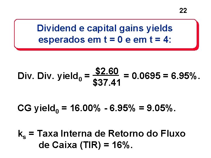 22 Dividend e capital gains yields esperados em t = 0 e em t 22 Dividend e capital gains yields esperados em t = 0 e em t