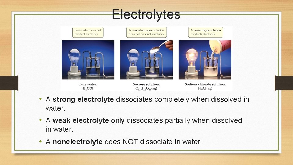 Electrolytes • A strong electrolyte dissociates completely when dissolved in water. • A weak