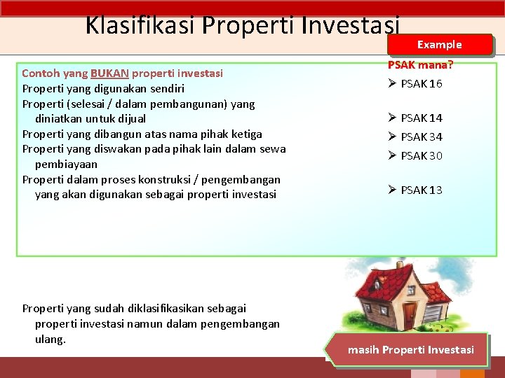 Klasifikasi Properti Investasi Contoh yang BUKAN properti investasi Properti yang digunakan sendiri Properti (selesai