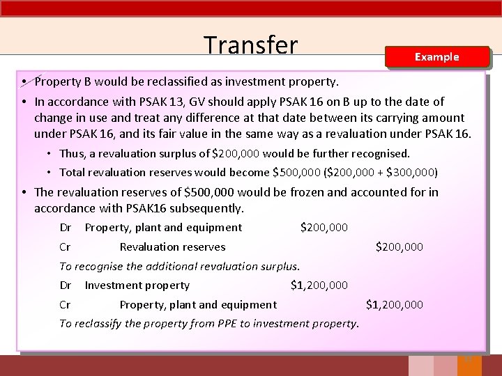 Transfer Example • Property B would be reclassified as investment property. • In accordance
