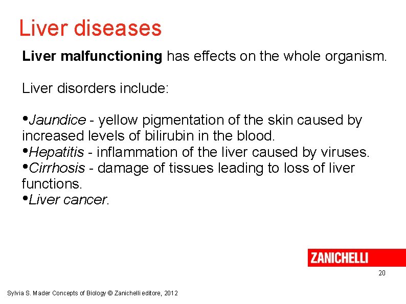 Liver diseases Liver malfunctioning has effects on the whole organism. Liver disorders include: •