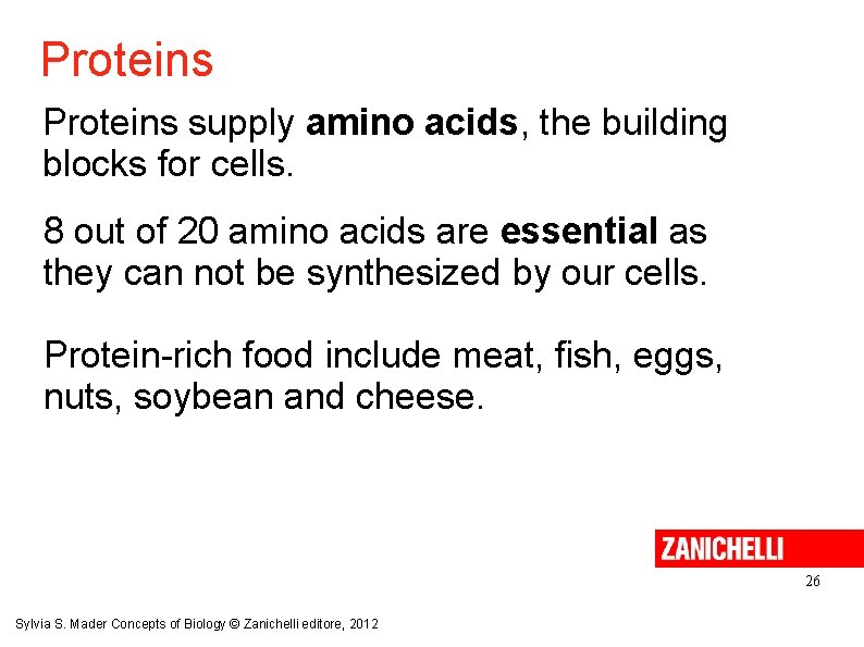 Proteins supply amino acids, the building blocks for cells. 8 out of 20 amino