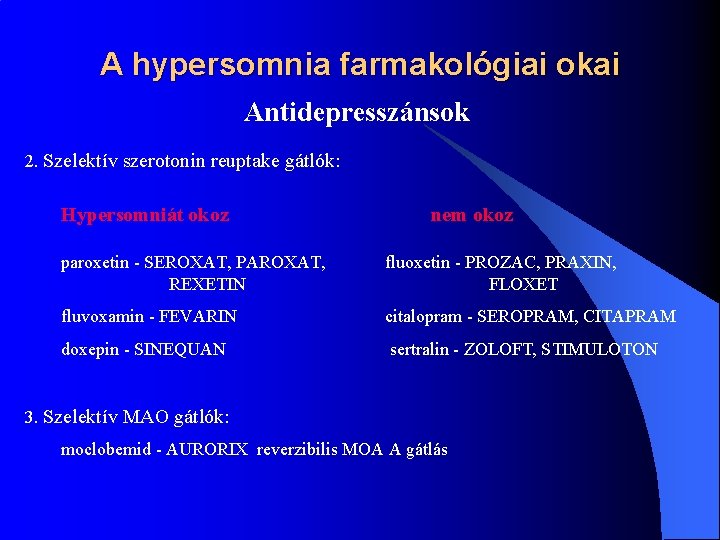 A hypersomnia farmakológiai okai Antidepresszánsok 2. Szelektív szerotonin reuptake gátlók: Hypersomniát okoz nem okoz