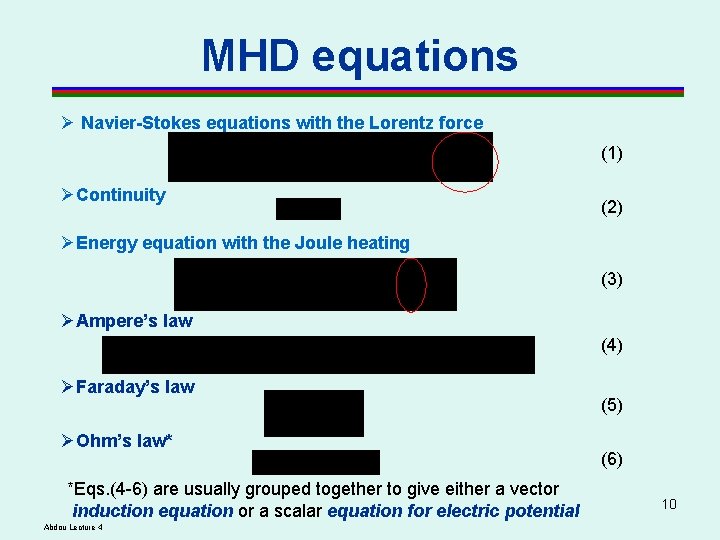 MHD equations Ø Navier-Stokes equations with the Lorentz force (1) ØContinuity (2) ØEnergy equation MHD equations Ø Navier-Stokes equations with the Lorentz force (1) ØContinuity (2) ØEnergy equation