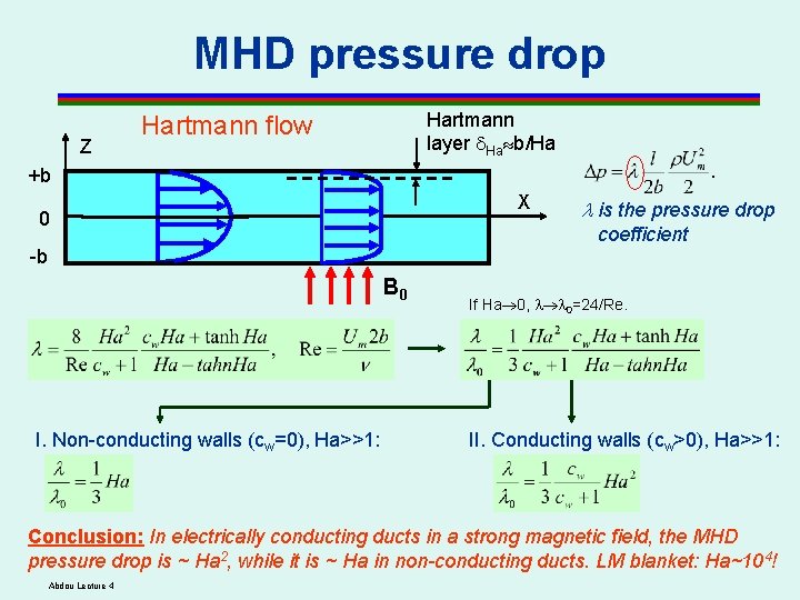 MHD pressure drop Z Hartmann layer Ha b/Ha Hartmann flow +b X 0 is MHD pressure drop Z Hartmann layer Ha b/Ha Hartmann flow +b X 0 is